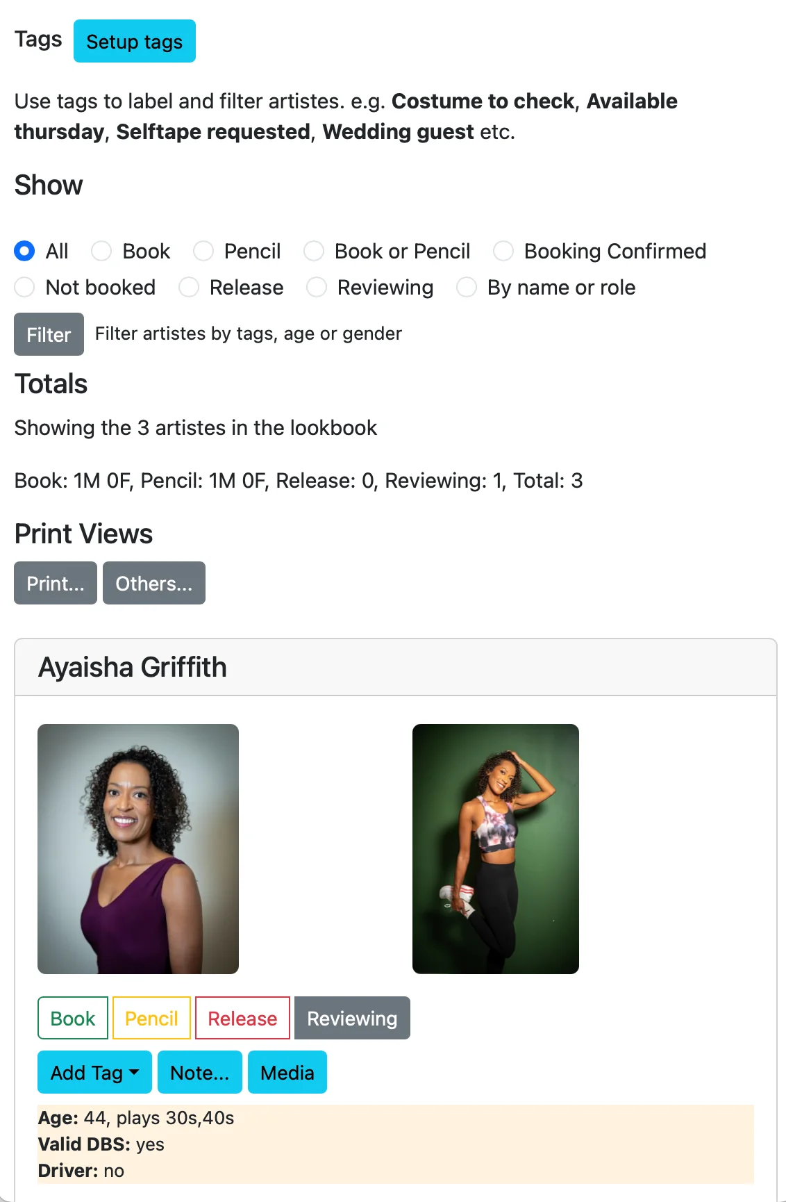 A screenshot of the phoenix lookbook showing artistes available for hire