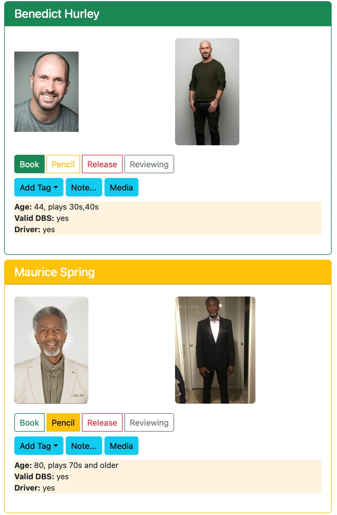 A screenshot of the phoenix lookbook showing artistes available for hire